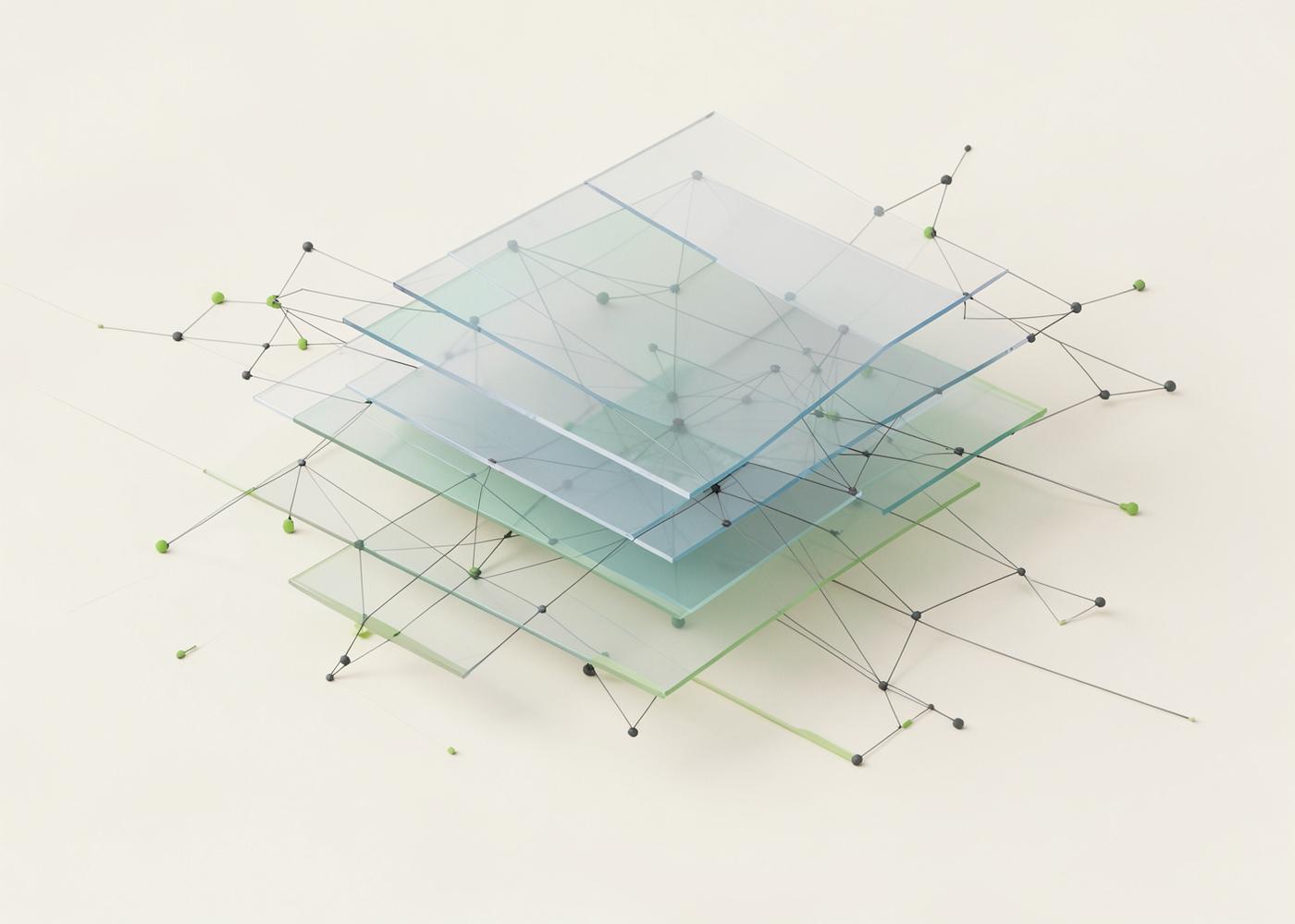 Layered translucent planes joined by connecting nodes, representing cloud architecture
