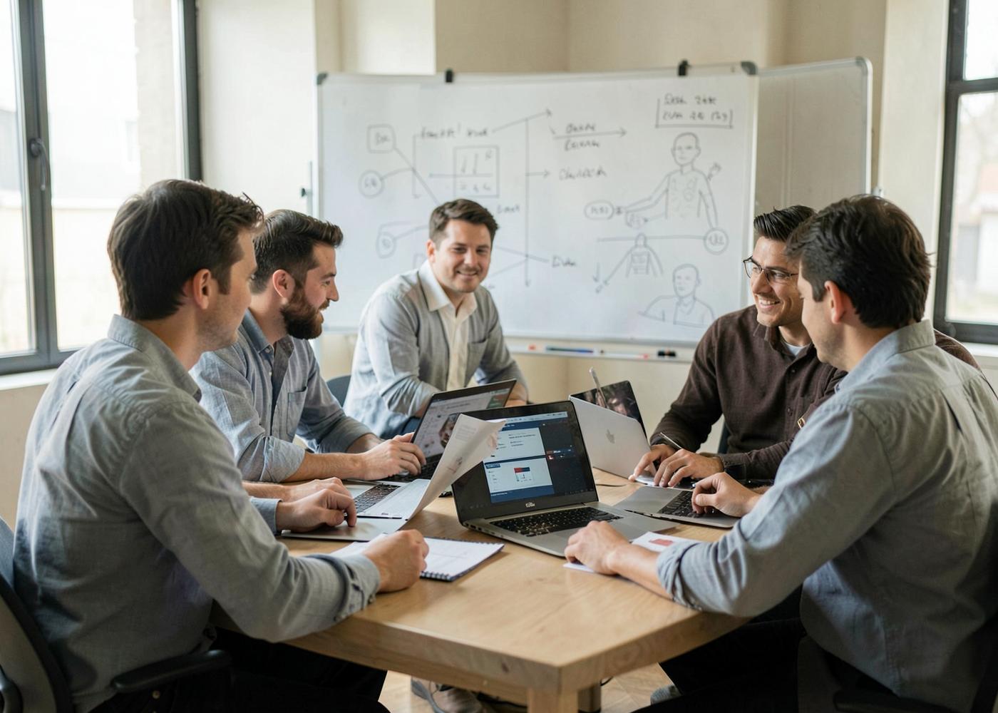 Colleagues discussing a system diagram on a whiteboard while working on laptops