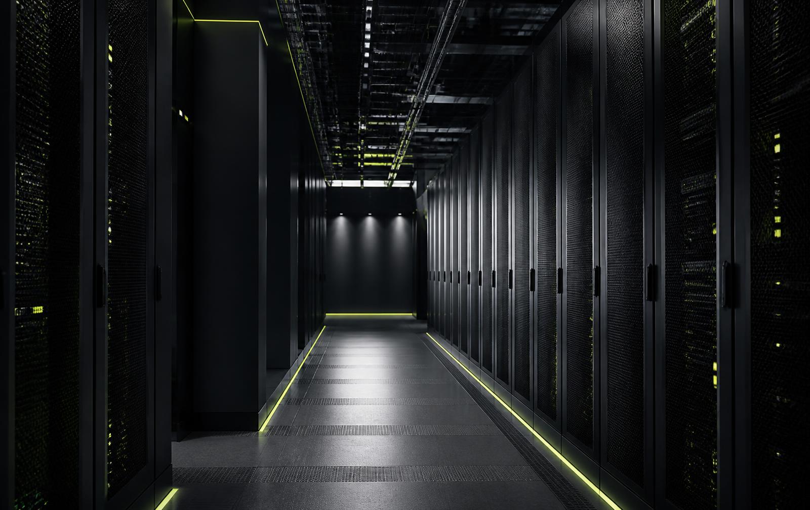 Rows of server racks in a dimly lit data centre aisle