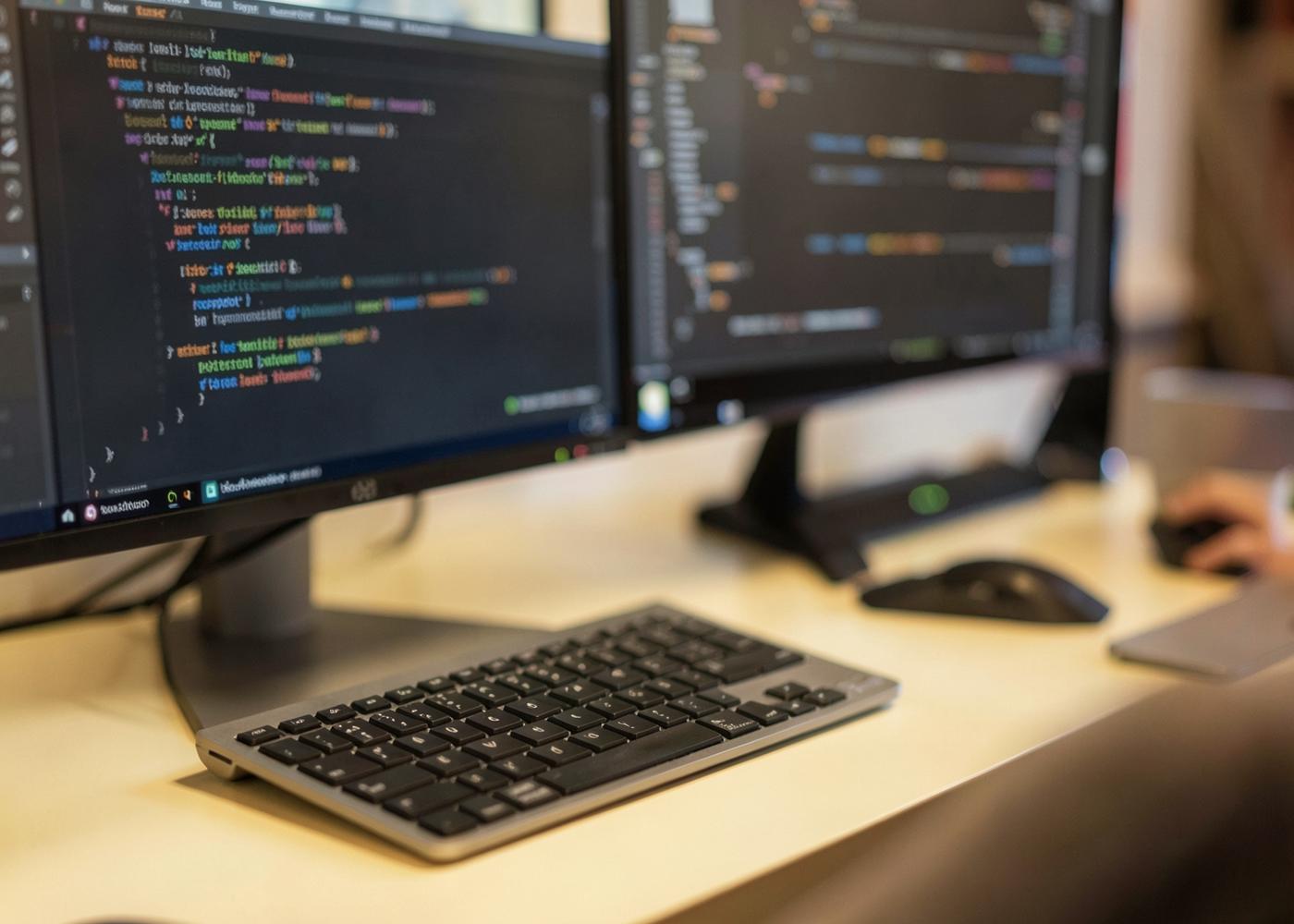 Two monitors showing application source code on a developer's desk
